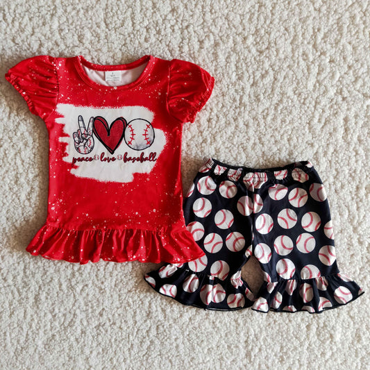 Girls Peace Love Baseball Outfits Short Sleeves Red Shorts