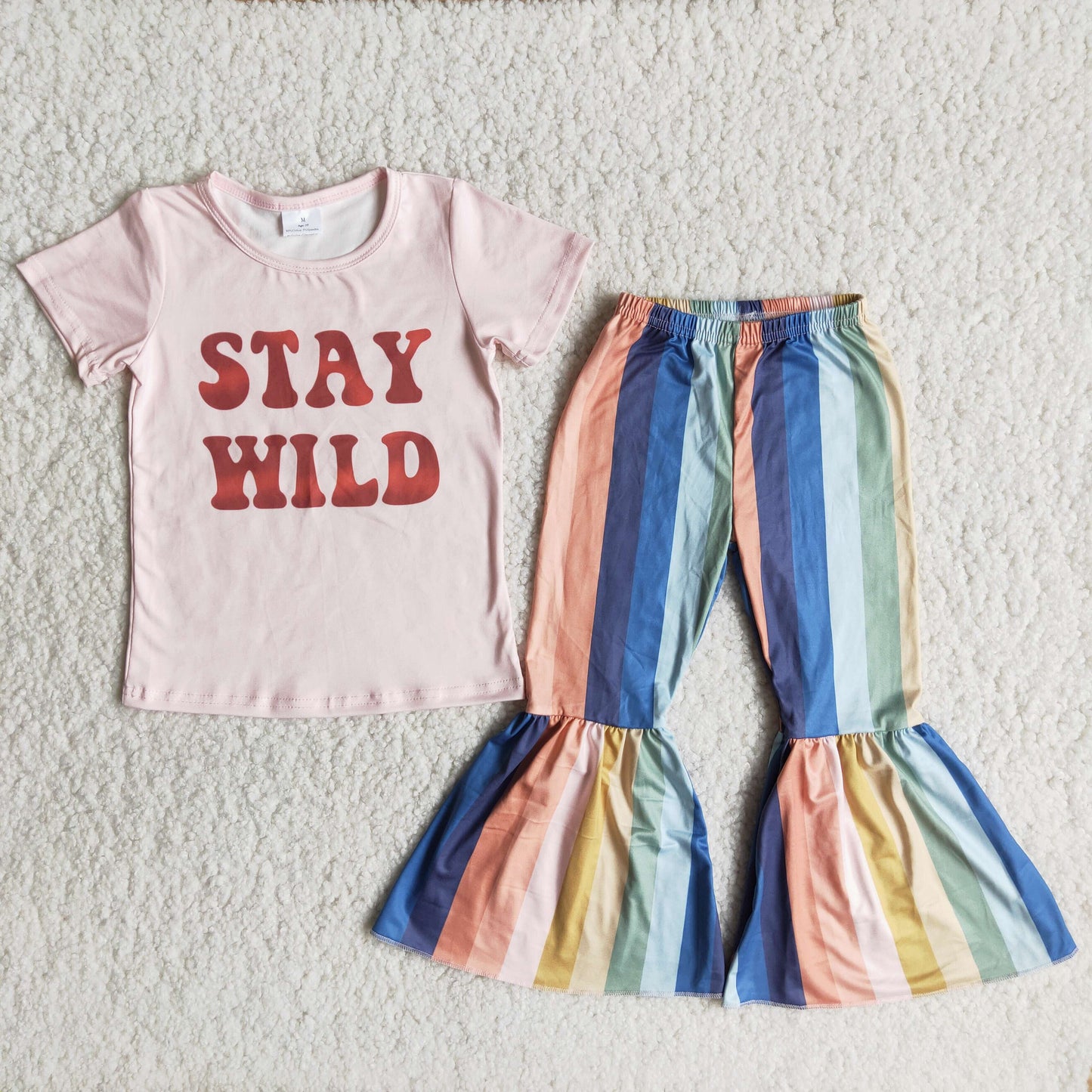 Girls Stay Wild Outfits Short Sleeves Stripe Pants Pink