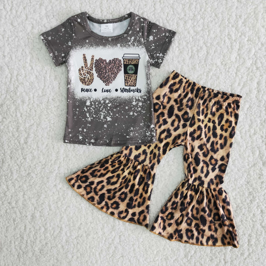 Girls Peace Love Coffee Outfits Short Sleeves Bell Bottom Leopard Pants