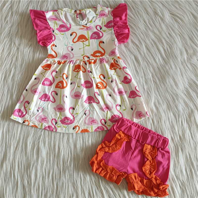 Girls Flamingo Outfits Short Sleeves Red Shorts Sales