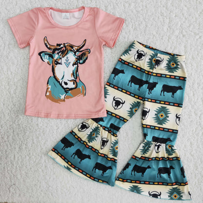 Girls Cow Outfits Short Sleeves Bell Bottom Pants Pink