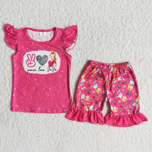 Girls Peace Love Outfits Short Sleeves Red Shorts