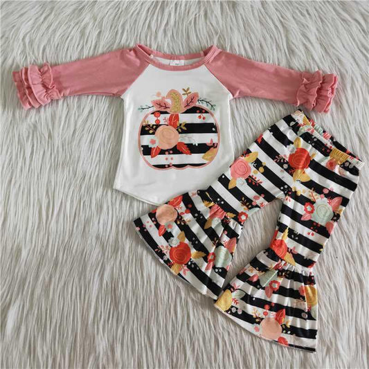 Baby Girls Pumpkin Outfits Long Sleeves Bell Bottom Pants Pink