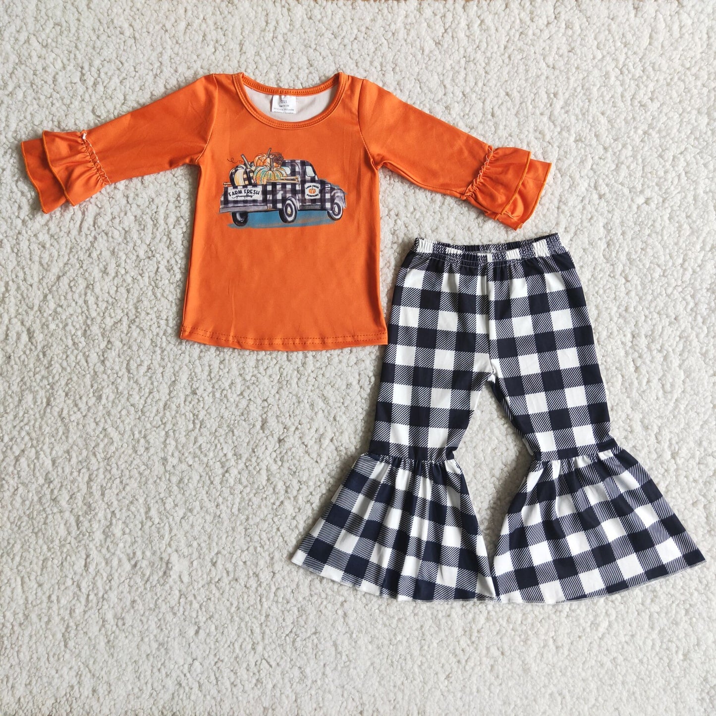 Baby Girls Long Sleeves Bell Bottom Plaid Pants Pumpkin Car Outfits Orange Black