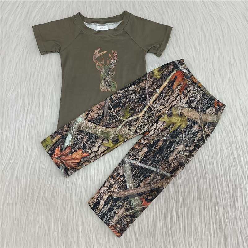 Boys Camouflage Outfits Short Sleeves Pants Army Green