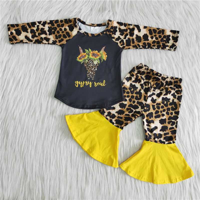 Girls Sunflowers Cow Outfits Leopard