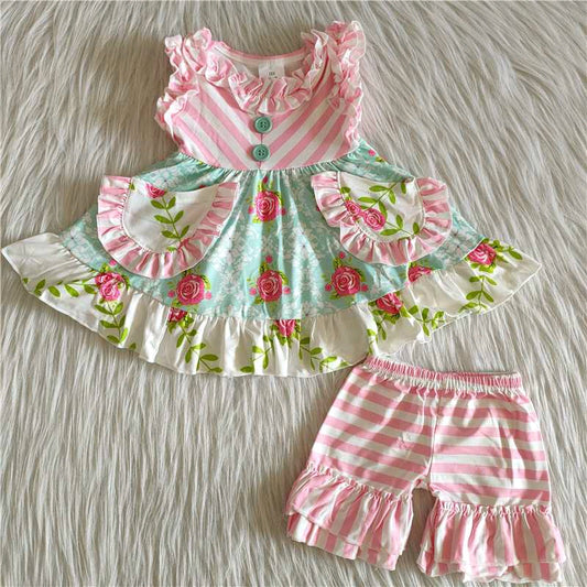 Girls Floral Outfits Short Sleeves Pink Stripe Shorts