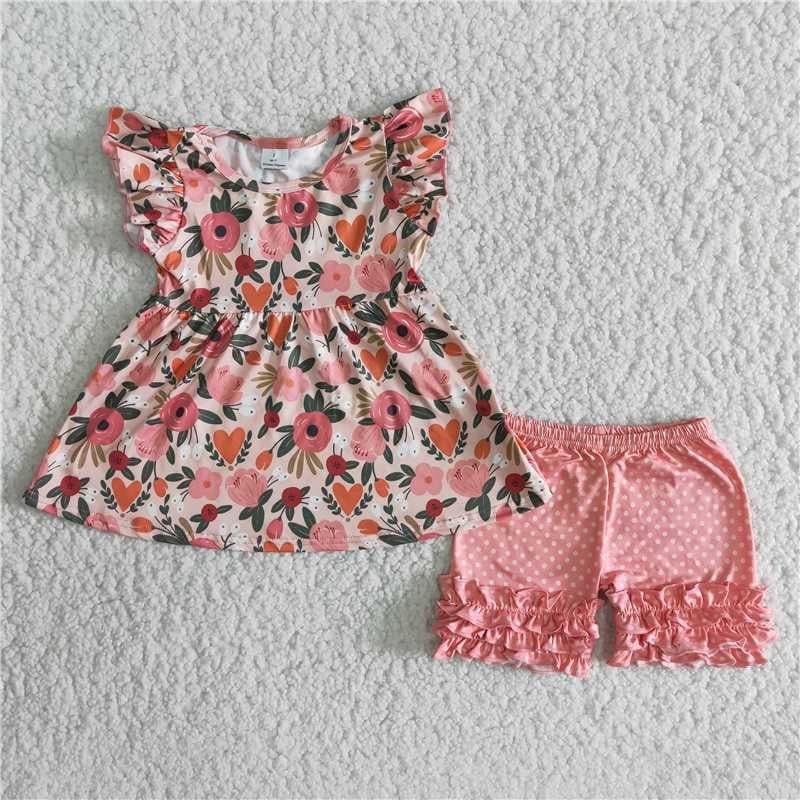 Girls Floral Outfits Short Sleeves Pink Shorts