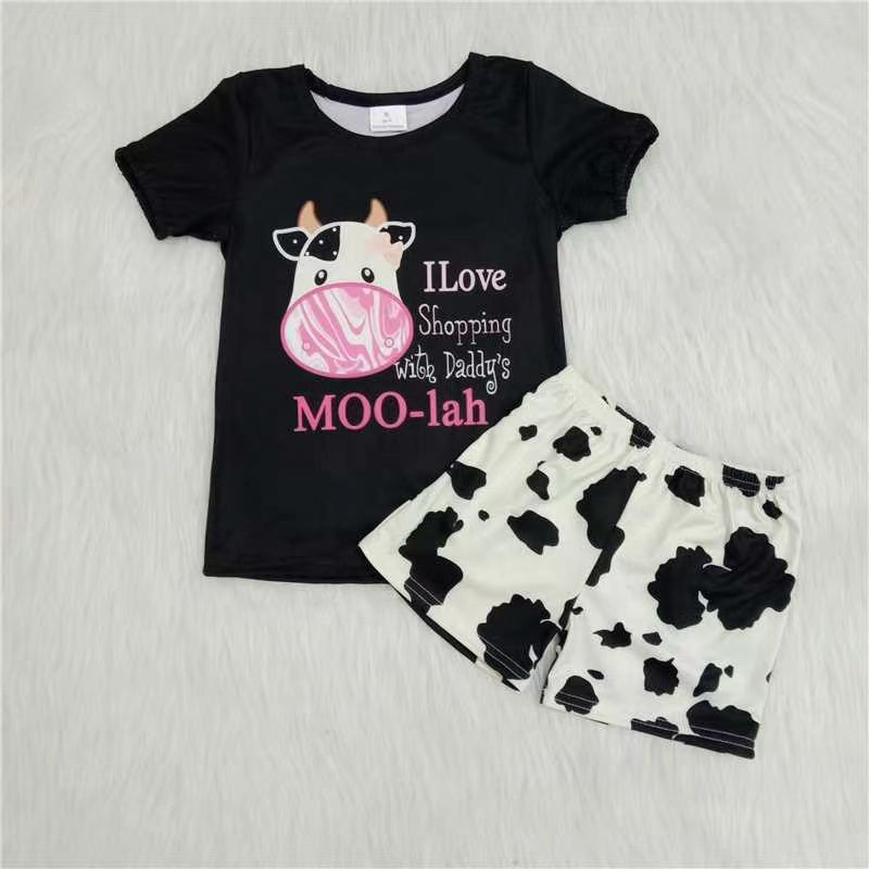 Girls Moo Black Outfits Short Sleeves Cow Shorts