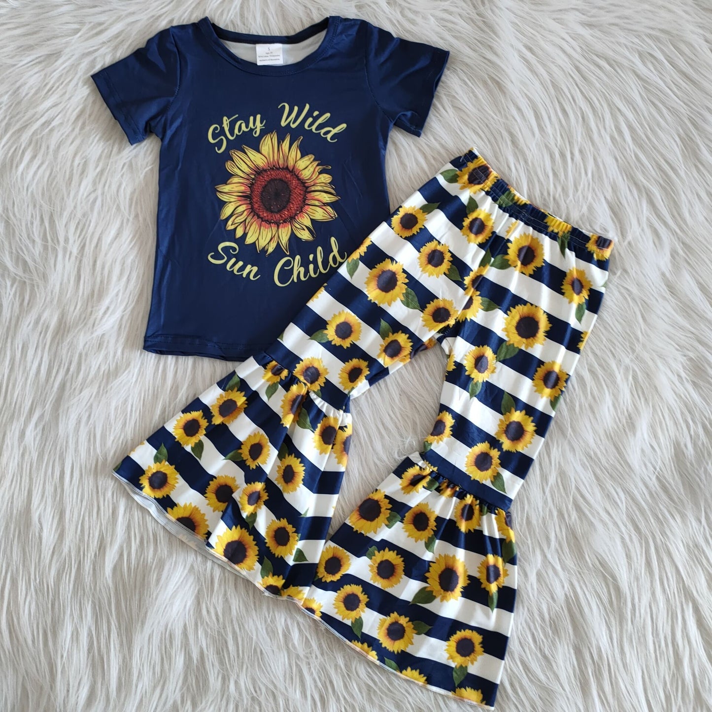 Girls Stay Wild Sunflowers Outfits Short Sleeves Pants Blue