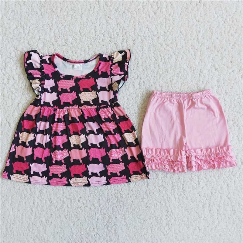 Girls Pig Outfits Short Sleeves Pink Shorts