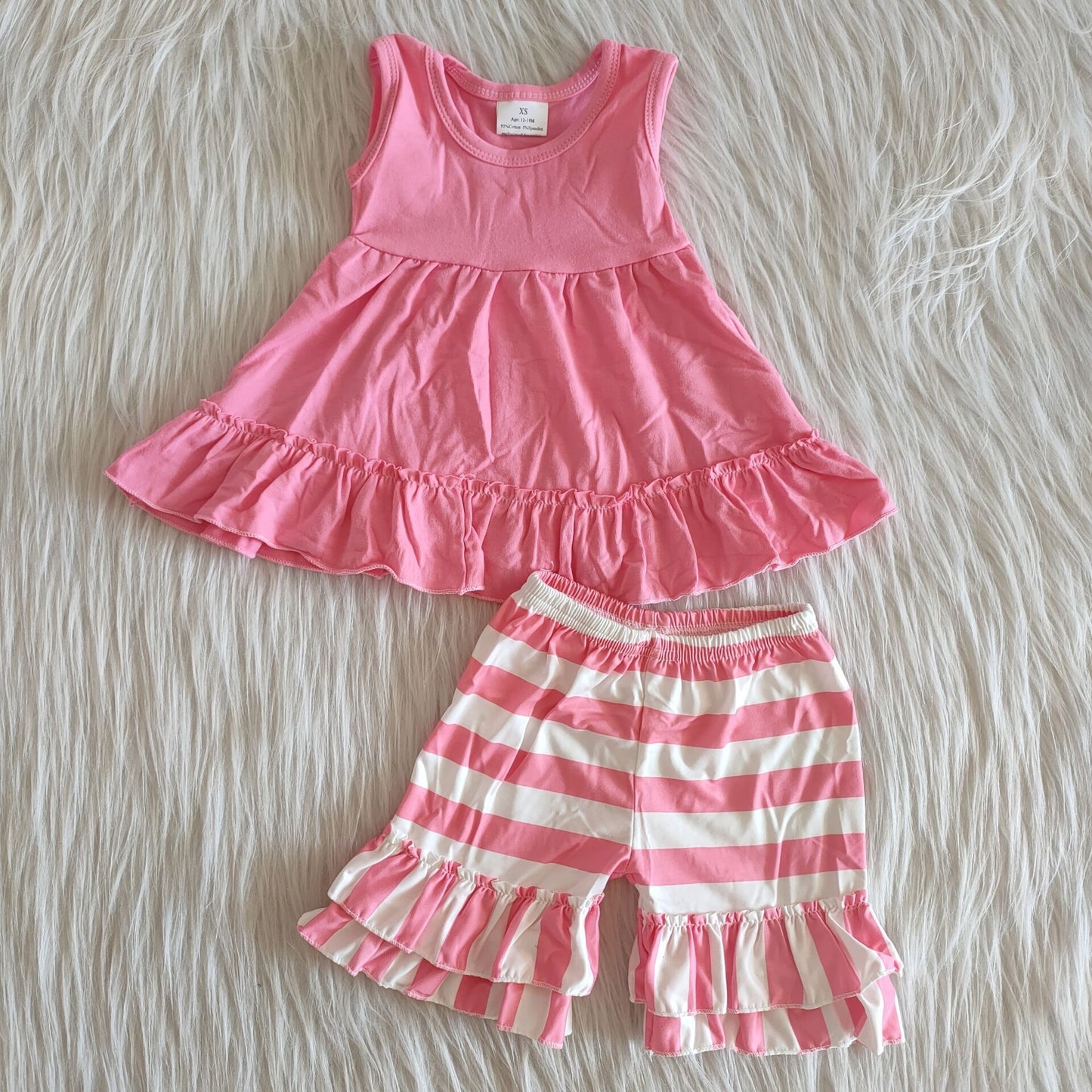 Girls Pink Outfits Short Sleeves Stripe Shorts