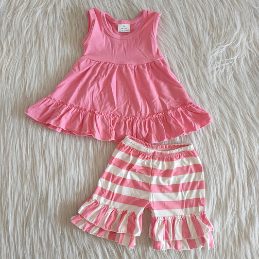 Girls Pink Outfits Short Sleeves Stripe Shorts