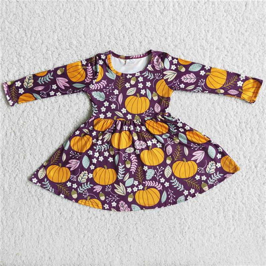 Girls Floral Pumpkin Dress Long Sleeves Purple