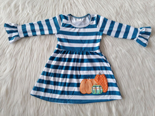 Girls Embroidery Pumpkin Dress Long Sleeves Blue Stripe