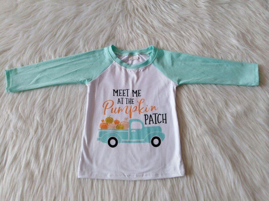 Boys Pumpkin Car Shirt Top Long Sleeves Sky Blue