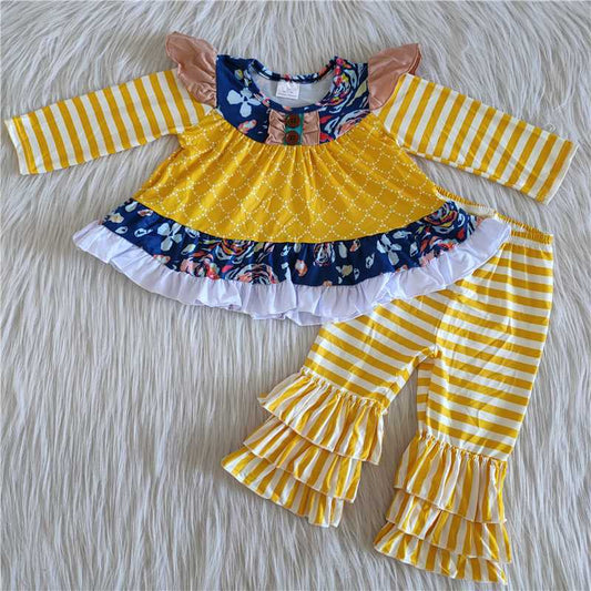 Girls Yellow Floral Outfits Long Sleeves Ruffled Stripe Pants