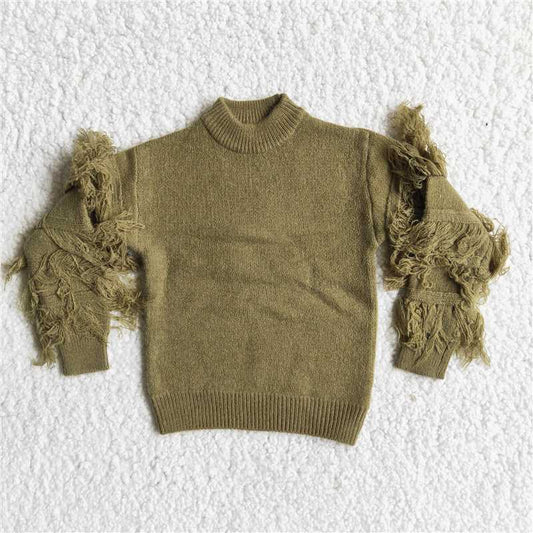 Girls Tassels Army Green Sweater