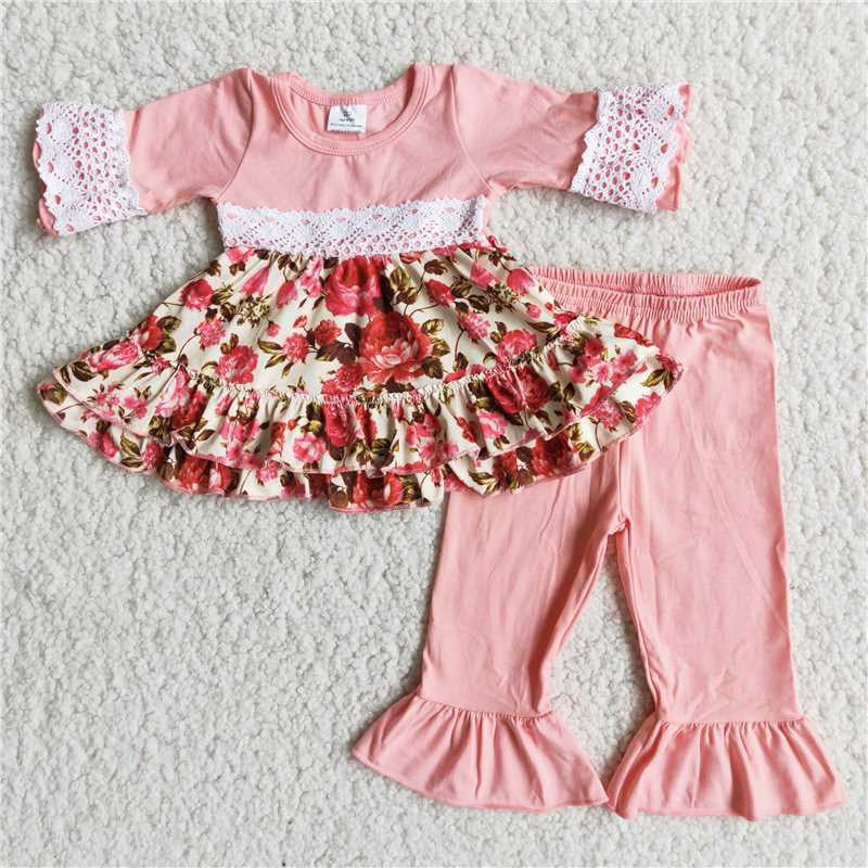 Girls Floral Outfits Pink Short Sleeves Pants