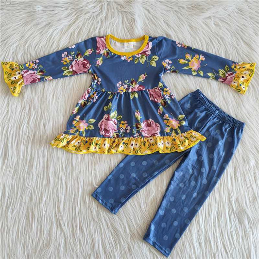 Girls Floral Outfits Blue Long Sleeves Polka Dot Pants