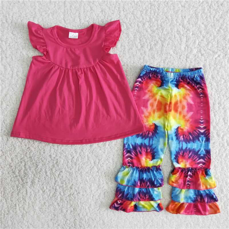 Girls Outfits Flutter Sleeves Tie-dye Pants