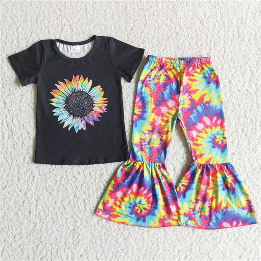 Girls Sunflowers Outfits Short Sleeves Tie-dye Pants