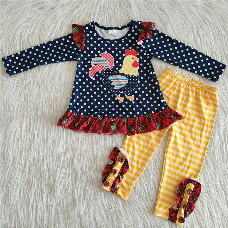 Girls Chicken Outfits Long Sleeves Polka Dot yellow Pants