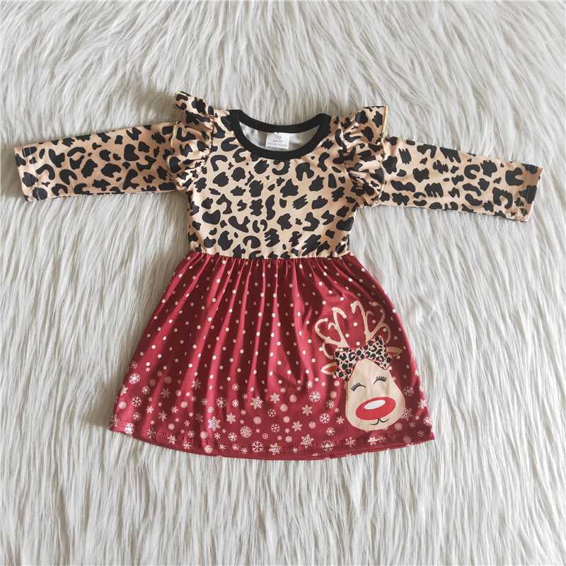 Girls Christmas Reindeer Dress Long Sleeves Leopard