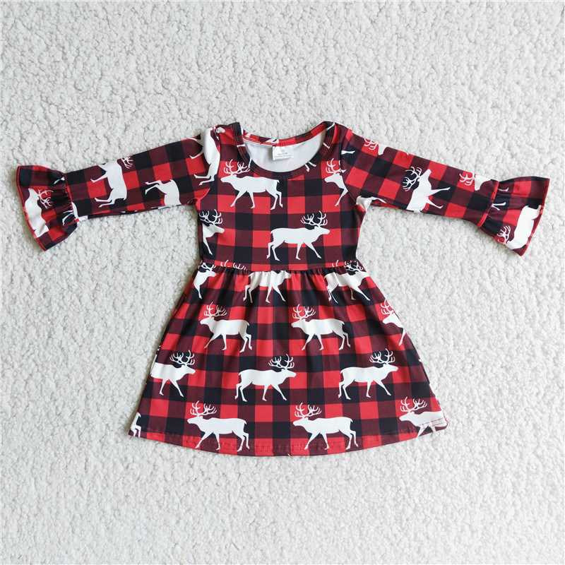 Girls Christmas Reindeer Dress Long Sleeves Red Black Grid