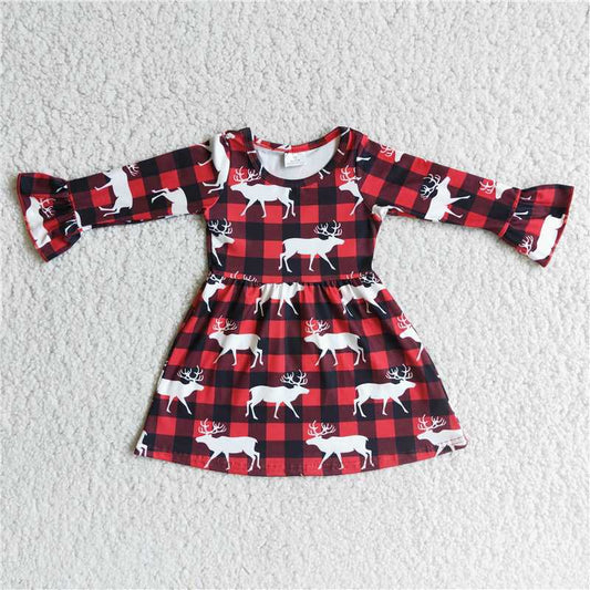 Girls Christmas Reindeer Dress Long Sleeves Red Black Grid