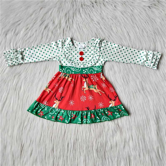 Girls Christmas Reindeer Dress Long Sleeves Polka Dot