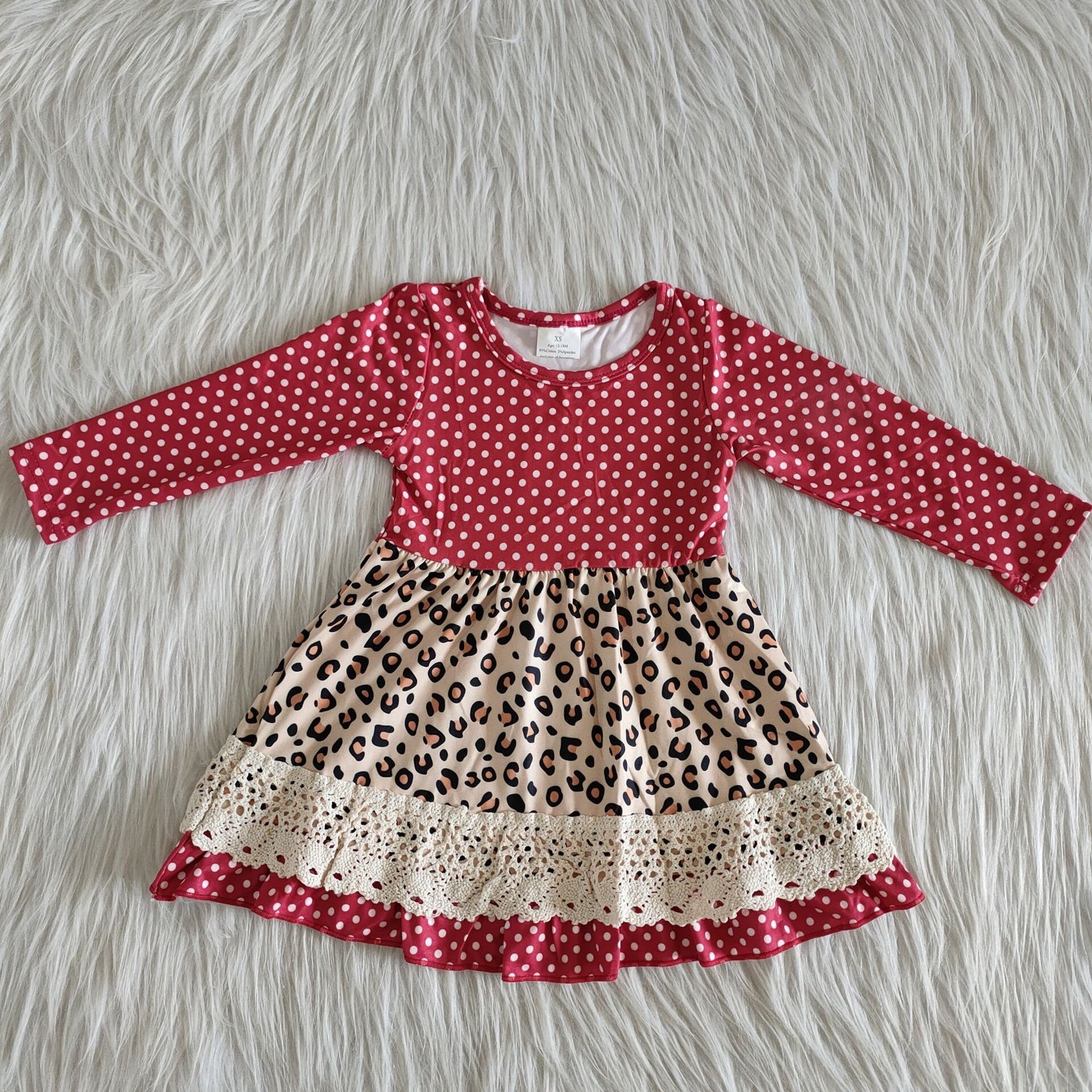 Girls Polka Dot Dress Long Sleeves Leopard