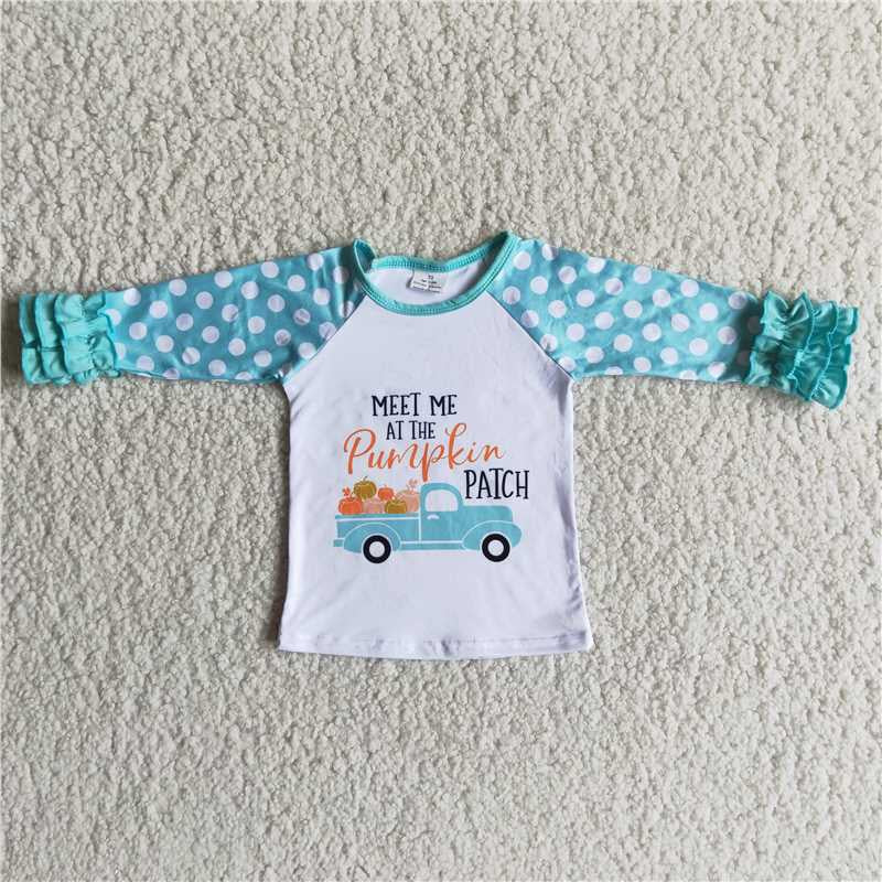 Girls Pumpkin Shirt Top Blue Polka Dot