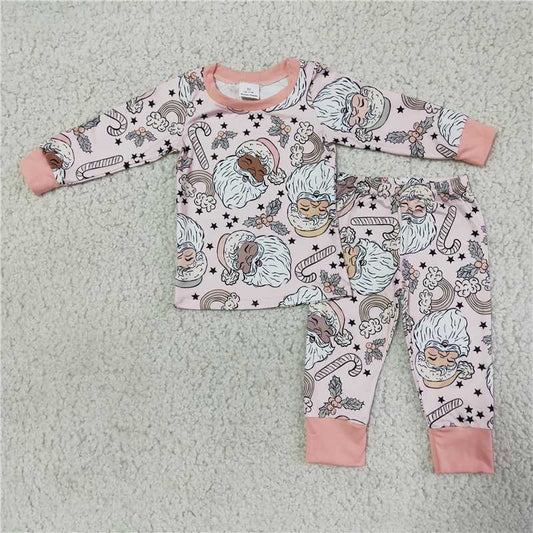 Girls Christmas Santa Pajamas Long Sleeves Pink