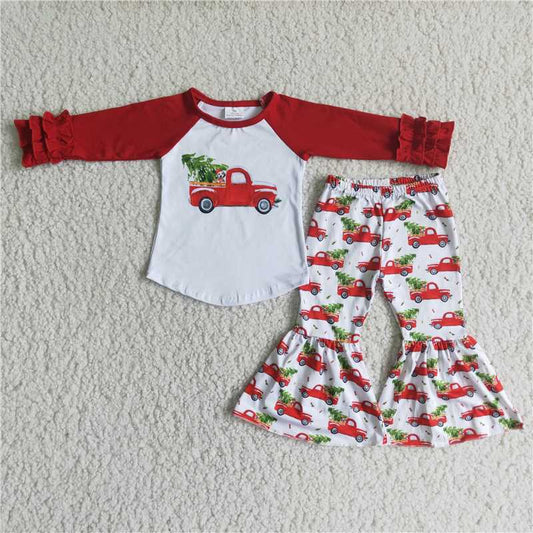 Girls Christmas Car Outfits Long Sleeves Bell Bottom Pants Red