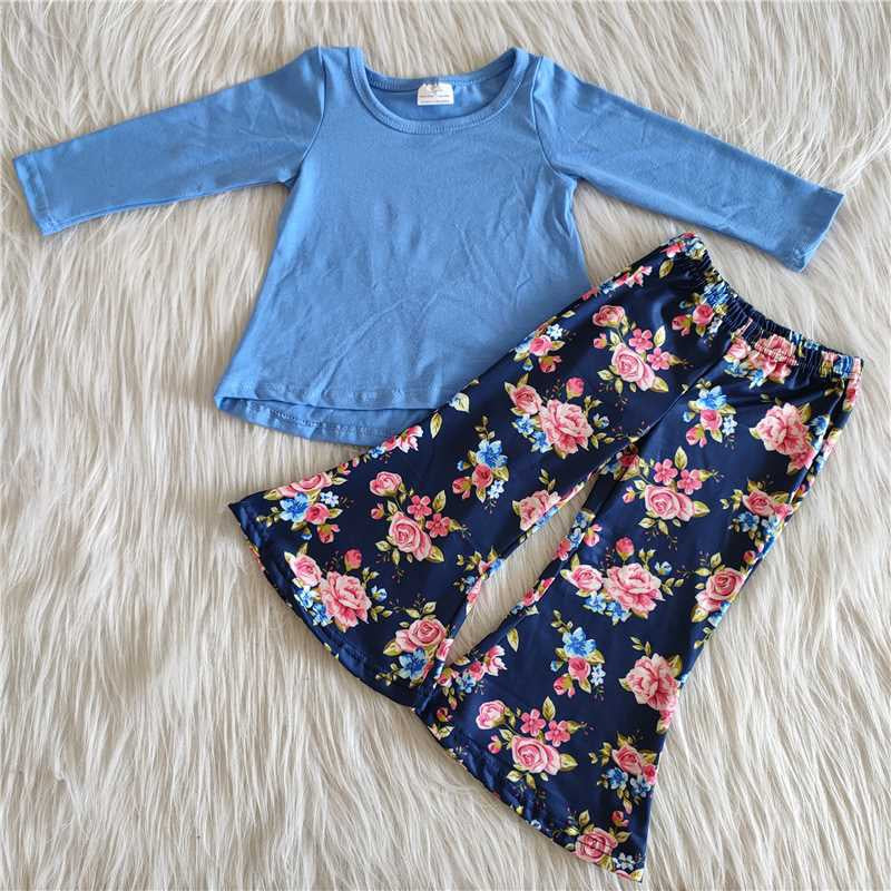 Girls Floral Outfits Long Sleeves Blue Pants