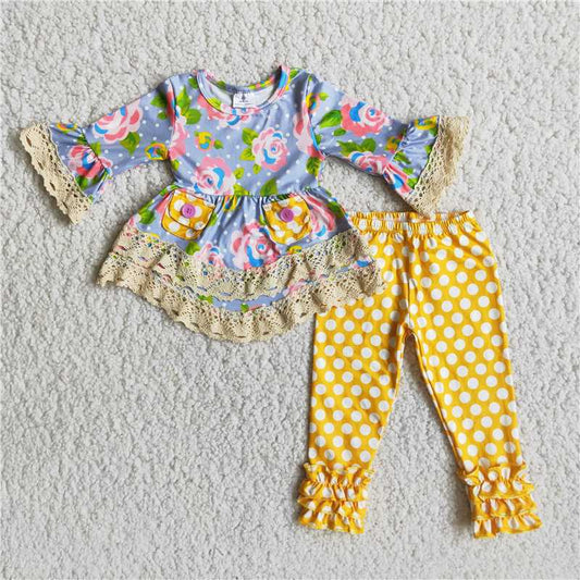 Girls Yellow Floral Outfits Pocket Long Sleeves Polka Dot