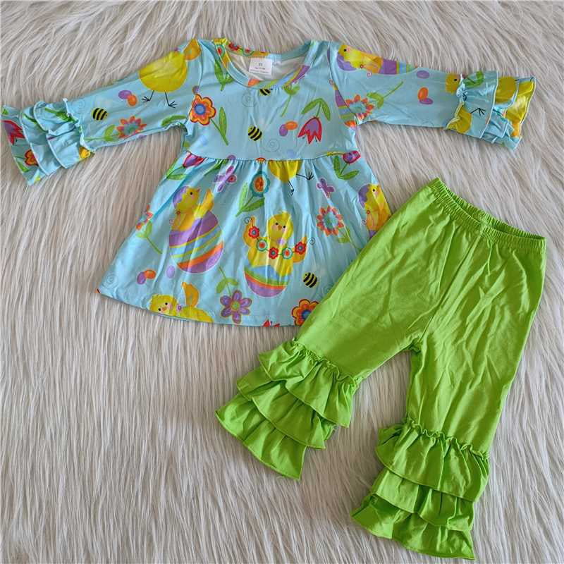 Girls Floral Outfits Long Sleeves Green Pants