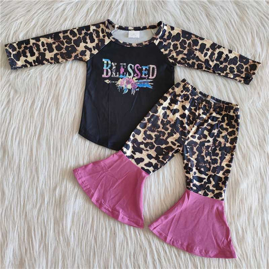 Girls Blessed Outfits Long Sleeves Leopard Pants Black