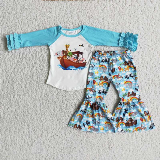 Girls Cartoon Outfits Long Sleeves Blue Pants