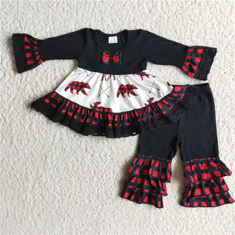 Girls Bear Outfits Long Sleeves Ruffled Black Pants