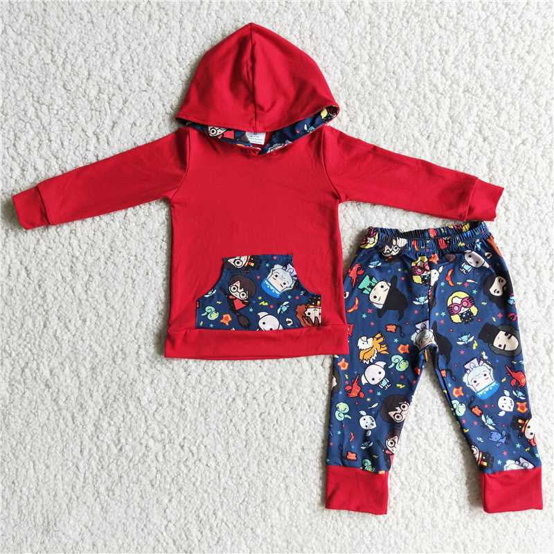 Boys Cartoon Outfits Long Sleeves Red Hoodies Joggers