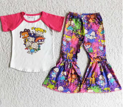 Girls Cartoon Outfits Short Sleeves Bell Bottom Pants Pink