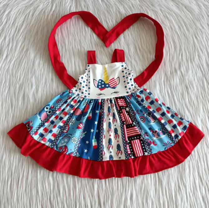 Girls Unicorn July 4th Dress Sleeveless Red