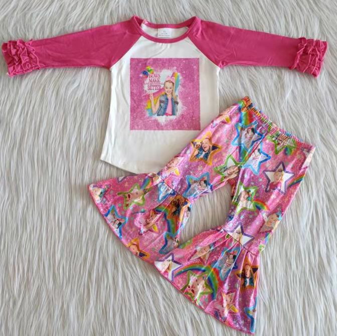 Girls Pink Outfits Long Sleeves Bell Bottom Pants