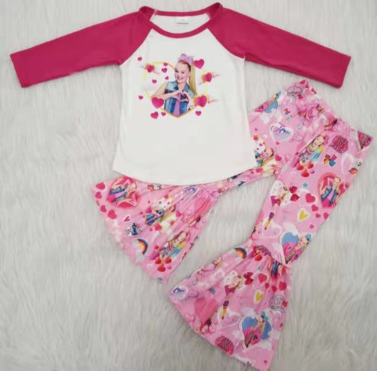 Girls Pink Outfits Long Sleeves Bell Bottom Pants