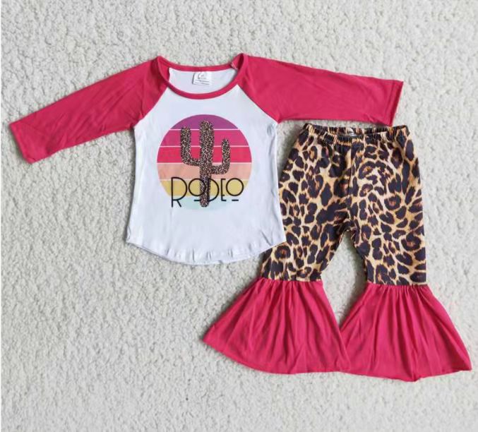 Girls Cactus Outfits Short Sleeves Bell Bottom Leopard Pants