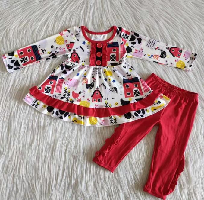 Girls Farm Outfits Long Sleeves Red Pant