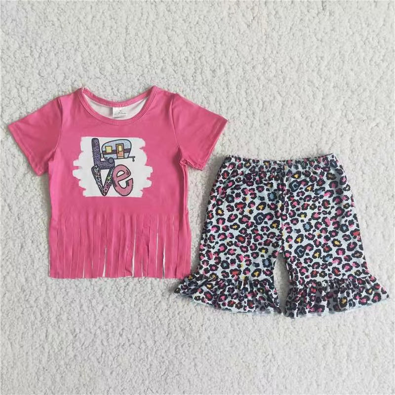 Girls Love Outfits Tassels Short Sleeves Leopard Shorts