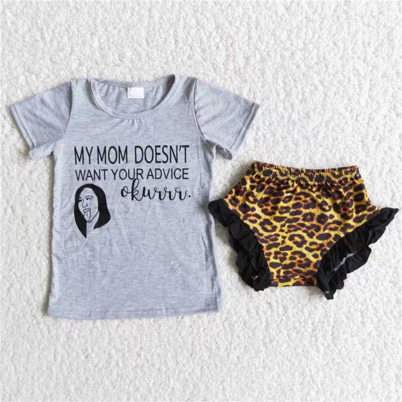 Girls Gray Outfits Short Sleeves Leopard Shorts